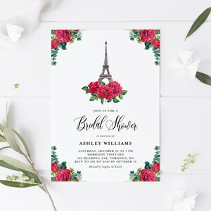 Floral Parisian Bridal Shower Invitation Template - Printable Watercolor Eiffel Tower & Red Roses Paris Bridal Brunch Invite - Editable PR24