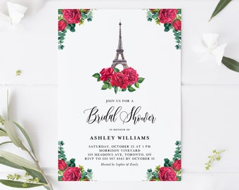 Floral Parisian Bridal Shower Invitation Template - Printable Watercolor Eiffel Tower & Red Roses Paris Bridal Brunch Invite - Editable PR24