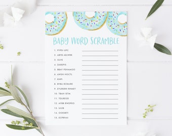 Blue Donuts Baby Word Scramble Card - Printable Watercolor Blue Donuts with Sprinkles Word Scramble Baby Shower Game - Instant Download BD32