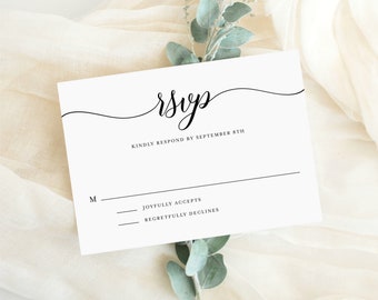 Plantilla de tarjeta RSVP de boda de caligrafía imprimible - Tarjeta de respuesta de boda de tipografía de guión simple - 3.5x5 4x6 - Colores personalizables