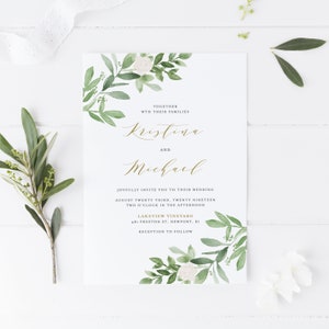 Greenery Wedding Invitation Template - Printable Watercolor Greenery and White Flowers Wedding Invite - DIY, Editable, Templett GWF23