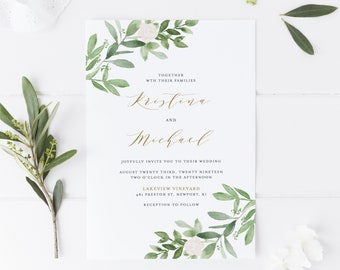Greenery Wedding Invitation Template - Printable Watercolor Greenery and White Flowers Wedding Invite - DIY, Editable, Templett GWF23