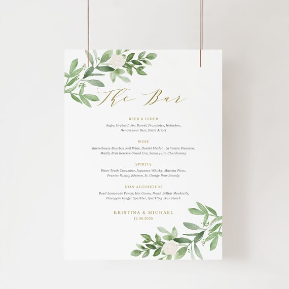 Printable Greenery Bar Menu Sign Template 18x24 &amp; 8x10 - Etsy