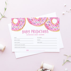 Bearbeitbare rosa Donuts Baby Predictions Kartenvorlage - druckbare Aquarell rosa Donuts mit Streuseln Baby Shower Spiel - DIY PD81