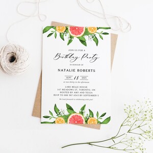 Grapefruits Birthday Party Invitation Template - Printable Watercolor Grapefruits and Oranges Garland Citrus Summer Birthday Invite - #013 image 2