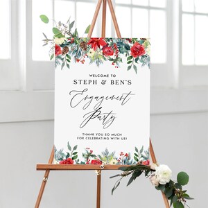 Printable Winter Engagement Party Welcome Sign - 18x24 Watercolor Festive Christmas Flowers Engagement Sign - Editable Christmas Sign