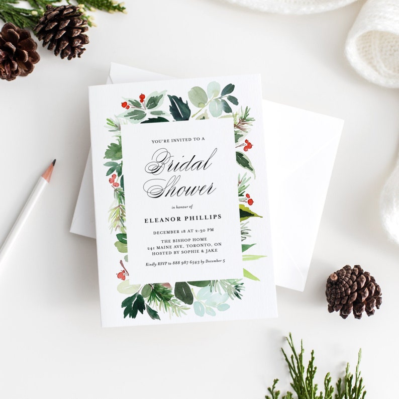 Peut inclure: Une carte blanche avec une bordure florale aquarelle verte et rouge. Le texte indique "Vous &ecirc;tes invit&eacute; &agrave; un Shower de Mariage en l'honneur d'Eleanor Phillips, le 16 d&eacute;cembre &agrave; 14h30, The Bishop Home, 241 Maine Ave, Toronto, ON, Organis&eacute; par Sophie & Jake, Veuillez SVP confirmer votre pr&eacute;sence au 888 987 6543 avant le 5 d&eacute;cembre."
