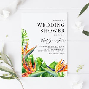 Birds of Paradise Wedding Shower Invitation Template - Printable Tropical Floral Summer Engagement Party, Rehearsal Dinner Invite - DIY BP96