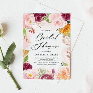Printable Boho Floral Bridal Shower Invitation Template - Watercolor Blush, Orange & Burgundy Flowers Rose Gold Bridal Luncheon Invite #142