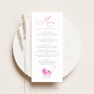 Druckbare Baby Shower Menu Card Vorlage - DIY Aquarell Rosa Vintage Kinderwagen Es ist eine Mädchen-Menükarte - Bearbeitbares Baby Shower Menu VBK2
