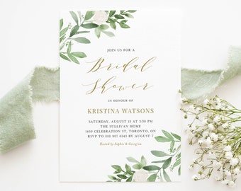 Printable Greenery Bridal Shower Invitation Template - DIY Watercolor Greenery and White Flowers Bridal Shower Evite - Editable Invite GWF23