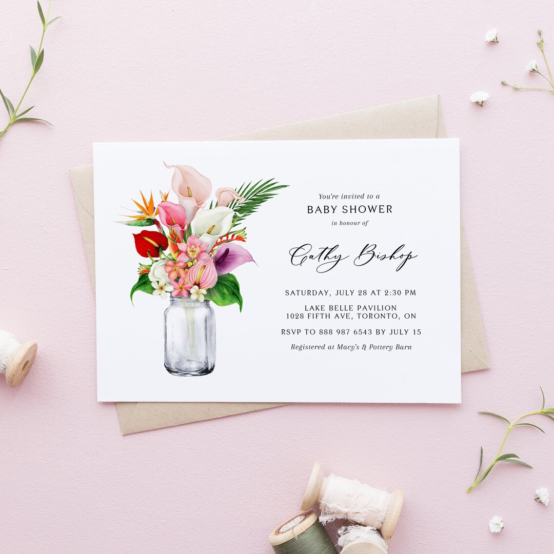 Floral Baby Shower Invitation Template - Watercolor Tropical Flowers on ...