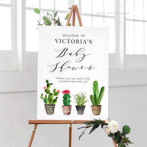 Druckbare Kaktus-Babyparty-Willkommensschild-Vorlage – 18x24 Boho-Aquarell-Topf-Sukkulenten-Sommer-Babyparty-Poster – Bearbeitbares Schild 011A
