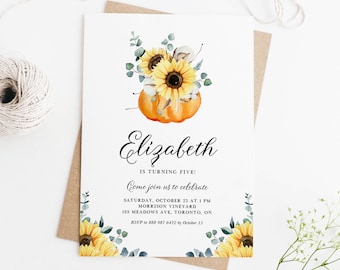 Modello stampabile di invito festa di compleanno zucca Boho - Zucca acquerello e girasoli Evite festa di compleanno autunnale - Invito modificabile PS45