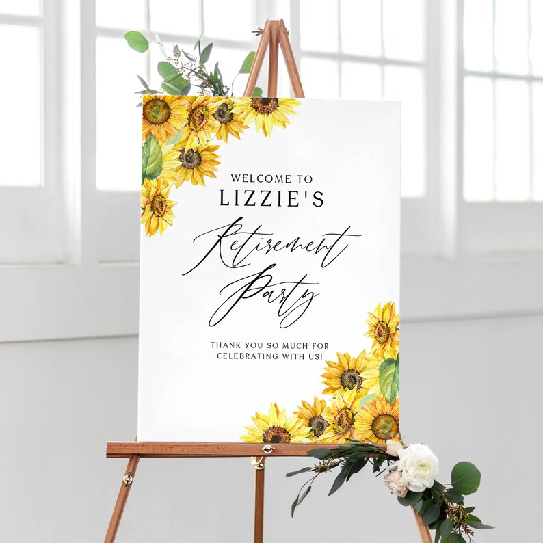DIY Floral Retirement Poster Editable WS95 Sunflowers Retirement Party Welcome Sign Template Printable Rustic Watercolor Sunflower Sign