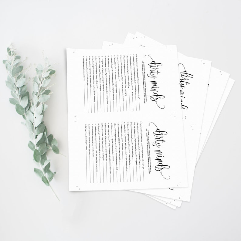 May include: A set of printable "Dirty Minds" game cards with questions for a party or game night. The cards are white with black text.