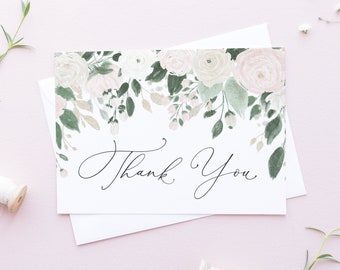 Printable Thank You Card - 5x7 Watercolor Pastel Flowers Glitter Leaves Thank You Card - Floral Wedding Thank You Card - Instant Download