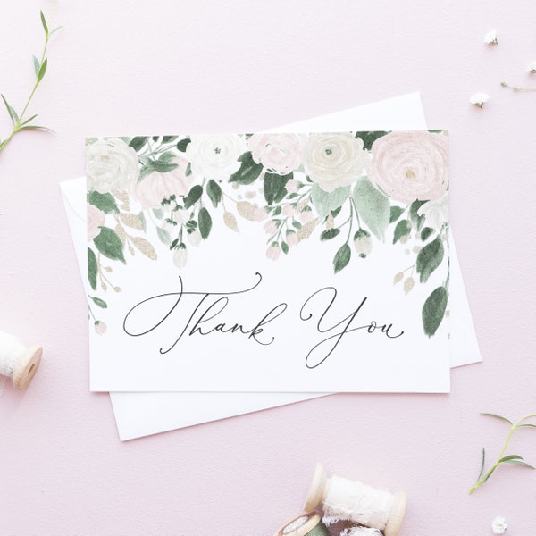 Printable Thank You Card - 5x7 Watercolor Pastel Flowers Glitter Leaves Thank You Card - Floral Wedding Thank You Card - Instant Download