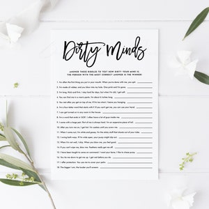 Printable Calligraphy Dirty Minds Game Card Amelia Script Dirty Riddles Bridal Shower Game, Bachelorette Party Game Instant Download image 1