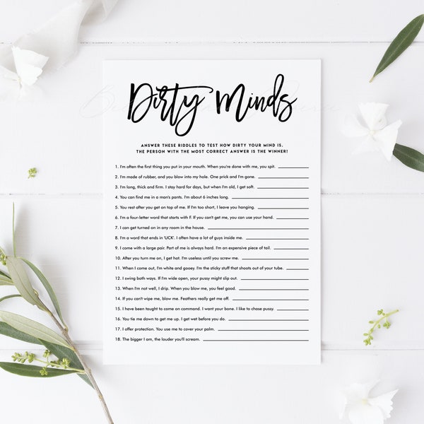 Printable Calligraphy Dirty Minds Game Card - Amelia Script Dirty Riddles Bridal Shower Game, Bachelorette Party Game - Instant Download