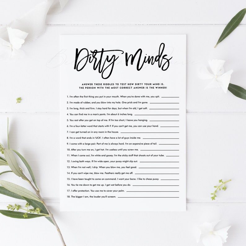 Printable Calligraphy Dirty Minds Game Card Amelia Script Dirty Riddles Bridal Shower Game, Bachelorette Party Game Instant Download image 1