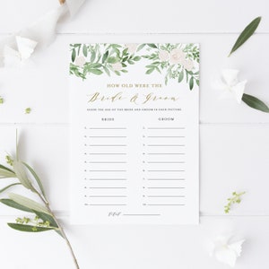 Greenery How Old Were the Bride and Groom Card - Watercolor Greenery and White Flowers Wedding Shower Guessing Game - Instant Download GWF23
