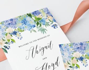 Floral Wedding Programs Booklet Template - Printable Watercolor Blue Hydrangeas & Ivory Roses Ceremony Booklet - Editable, Templett #024
