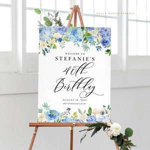 Printable Hydrangea Birthday Party Welcome Sign Template - Editable 18x24 Watercolor Blue Hydrangeas Floral Birthday Sign - DIY Sign #024