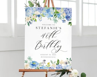 Printable Hydrangea Birthday Party Welcome Sign Template - Editable 18x24 Watercolor Blue Hydrangeas Floral Birthday Sign - DIY Sign #024