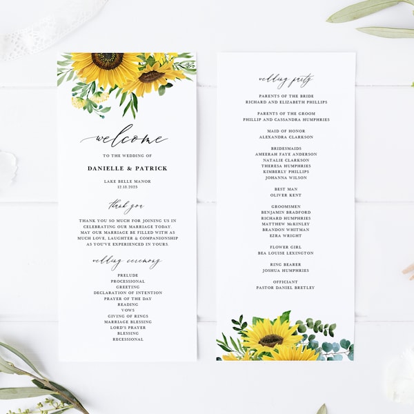 Sunflowers Wedding Programs Template - Printable Sunflowers and Eucalyptus Rustic Floral Order of Ceremony Programs - Editable Programs SE35
