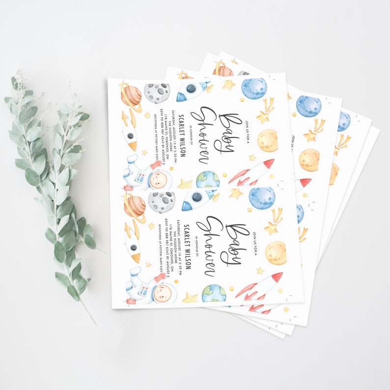 May include: A set of baby shower invitations with a space theme. The invitations feature a watercolor illustration of an astronaut, planets, stars, and rockets. The text on the invitations reads "Baby Shower" and includes the date, time, and location of the event.