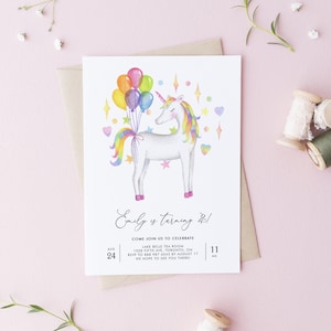 Printable Unicorn Kids Birthday Invitation Template - DIY Watercolor Rainbow Unicorn and Balloons First Birthday Invite - Editable WURB4
