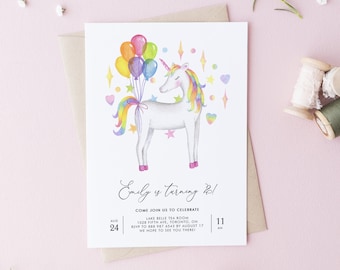 Printable Unicorn Kids Birthday Invitation Template - DIY Watercolor Rainbow Unicorn and Balloons First Birthday Invite - Editable WURB4