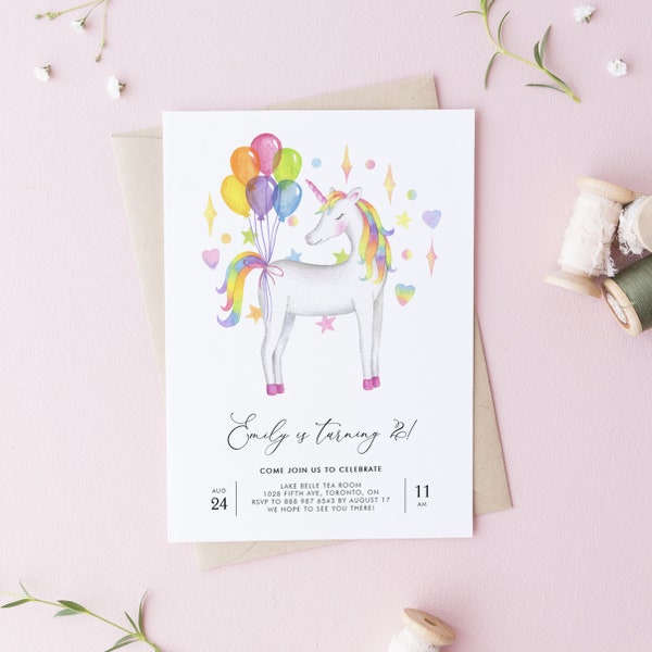 Printable Unicorn Kids Birthday Invitation Template - DIY Watercolor Rainbow Unicorn and Balloons First Birthday Invite - Editable WURB4