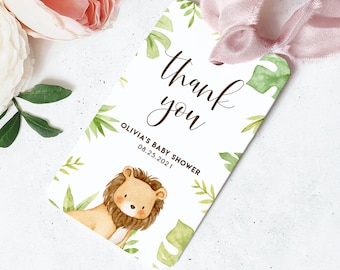 Vorlage für einen ausdruckbaren Geschenkanhänger zur Babyparty mit Safari-Löwenbaby – Niedlicher Aquarelllöwe – Bearbeitbarer Dschungel-Geburtstagsgeschenkanhänger Templett SF87