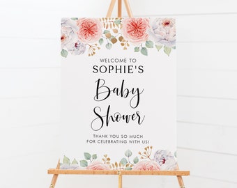 Plantilla de signo de bienvenida de baby shower floral de melocotón imprimible - DIY 18x24 acuarela melocotón peonías hojas de oro cartel de brunch bebé - editable PG28