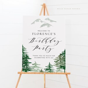 Plantilla de letrero de bienvenida para fiesta de cumpleaños con temática de bosque para imprimir - Letrero de cumpleaños con temática de bosque rústico de acuarela de 18 x 24 - Letrero editable con temática de bosque encantado WF63
