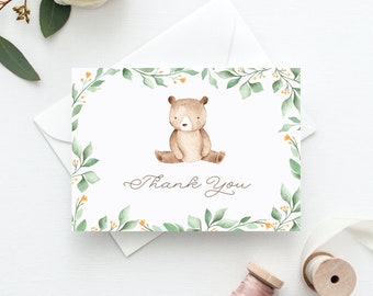 Printable Baby Shower Thank You Card - Watercolor Baby Bear Greenery Frame Thank You Card - Woodland Thank You Card - Instant Download WB85
