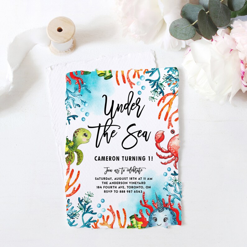 May include: Under the Sea themed birthday party invitation with a watercolor illustration of a sea turtle, crab, and a unicorn. The invitation includes the text "Under the Sea", "Cameron Turning 1!" and details for the party.