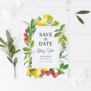 Druckbare Botanische Save the Date Vorlage - DIY Aquarell Zitrone und Cranberry Greenery Hochzeitskarte - Bearbeitbare Sommer Save the Date Karte