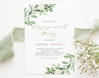 May include: A white card with green watercolor floral designs and gold lettering announcing an engagement party for Kristina and Michael. The card includes the date, time, location, and RSVP information.