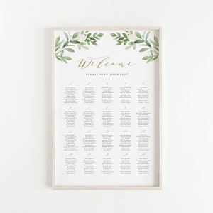 Printable Greenery Seating Chart Sign Template - DIY 24x36 Watercolor Greenery and White Flowers Wedding Seating Plan - Editable Sign GWF23