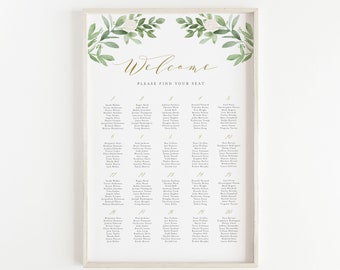 Printable Greenery Seating Chart Sign Template - DIY 24x36 Watercolor Greenery and White Flowers Wedding Seating Plan - Editable Sign GWF23