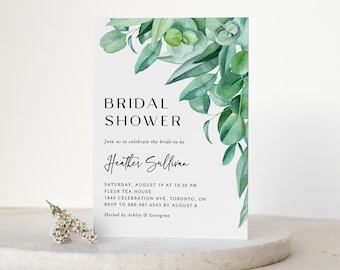 Printable Eucalyptus Bridal Shower Invitation Template - DIY Watercolor Greenery Leaves Bridal Luncheon Evite - Editable Invitation EL29