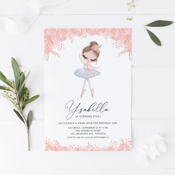 Pretty Ballerina Birthday Invitation Template - Printable Brown Hair Ballerina White Dress Rose Gold Glitter Birthday Invite - Editable DIY