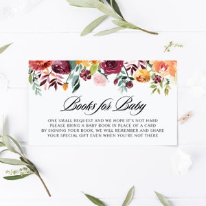 Afdrukbare bloemenboekaanvraagkaart - aquarel herfstbloemenboeken voor babykaart - breng een boek babyshower invoegen Instant Download AB41