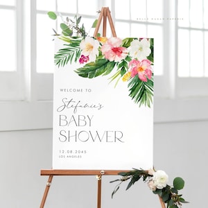 Printable Tropical Baby Shower Welcome Sign Template - 18x24 Watercolor Floral Baby Shower Sign - Editable Summer Baby Shower Decor TR74