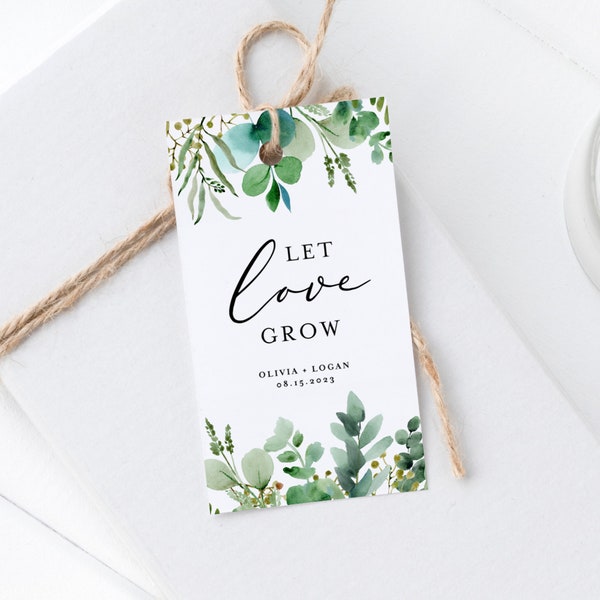 Plantilla de etiqueta de regalo de boda Let Love Grow Greenery imprimible - Etiqueta de favor de ducha de boda de eucalipto acuarela - Editable Tahnk You Tags EG1