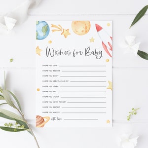 Ruimtethema wensen voor babykaart - Afdrukbare aquarel Outer Space Thema Jongen Babydouche Wensen voor babykaart - Instant Download BA15