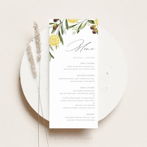 Modèle de carte de menu citron imprimable - bricolage 4 x 9 Boho aquarelle citron et olive carte de menu de mariage d'été - carte de menu citron modifiable OL39